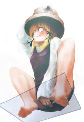 Rule 34 | 1girl, aduman, against glass, bad id, bad pixiv id, barefoot, blonde hair, blush, breasts, crazy eyes, feet, feet against glass, female focus, foreshortening, from below, ganmen2525, glass, glass table, grin, hat, highres, moriya suwako, short hair, small breasts, smile, soles, solo, spread legs, table, toes, touhou, yellow eyes, you gonna get raped