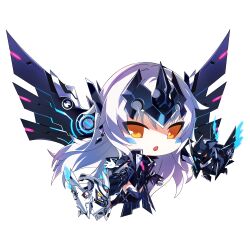 Rule 34 | 1girl, armor, armored boots, armored dress, armored leotard, boots, chibi, code: ultimate (elsword), commentary request, crown, drone, elsword, energy, energy wings, eve (elsword), facial mark, flat chest, gloves, highres, horns, jacket, leotard, long hair, looking at viewer, machine, mecha musume, mechanical ears, mechanical horns, mechanical wings, moby (elsword), mulook, open clothes, open jacket, open mouth, orange eyes, remy (elsword), robot, spikes, transparent, transparent background, very long hair, white gloves, white hair, wings