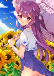 Rule 34 | 1girl, ass, blue dress, blue sky, blush, bracelet, breasts, cloud, dress, flower, frilled umbrella, frills, hair between eyes, hair ribbon, highres, jewelry, looking at viewer, looking to the side, medium breasts, miwa uni, open mouth, original, outdoors, petals, purple hair, ribbon, sky, solo, sunflower, two side up, umbrella