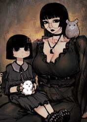 Rule 34 | 2girls, age difference, animal, animal on lap, animal on shoulder, ayaki d, belt, black-framed eyewear, black choker, black eyes, black lips, black nails, blunt bangs, blush, breasts, child, chinchilla (animal), choker, cleavage, collarbone, commentary, curvy, dress, english commentary, glasses, gothic, grey dress, highres, hime cut, large breasts, long dress, long hair, looking at viewer, mixed-language commentary, multiple belts, multiple girls, nail polish, on lap, original, pale skin, plunging neckline, round eyewear, short hair, siblings, sisters, sitting, sylense (ayaki), twitter username, watermark