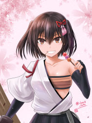 Rule 34 | 1girl, alternate costume, breasts, brown eyes, brown hair, cosplay, elbow gloves, gloves, hair ornament, haura akitoshi, japanese clothes, kantai collection, looking at viewer, partially fingerless gloves, sendai (kancolle), short hair, shouhou (kancolle) (cosplay), shouhou (kancolle), skirt, smile, solo, twintails, twitter username, two side up