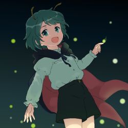 Rule 34 | 1girl, androgynous, antennae, black cape, black shorts, blush, cape, collared shirt, commentary request, cowboy shot, fireflies, flat chest, green eyes, green hair, juliet sleeves, long sleeves, looking at viewer, oekaki, open mouth, otofu, puffy sleeves, red cape, shirt, short hair, shorts, smile, solo, touhou, two-sided cape, two-sided fabric, white shirt, wriggle nightbug