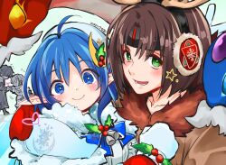 Rule 34 | 2boys, 2girls, albaird bergholm, animal costume, antlers, armor, ashton anchors, blue eyes, blue hair, christmas, closed mouth, coat, crescent, crescent hair ornament, dragon, fake antlers, gloves, hair ornament, hat, highres, horns, in-franchise crossover, jewelry, laeticia aucerius, looking at viewer, mayashtale, multiple boys, multiple girls, open mouth, pointy ears, reindeer antlers, reindeer costume, rena lanford, short hair, smile, snowflakes, star ocean, star ocean anamnesis, star ocean the divine force, star ocean the second story, winter clothes, winter coat