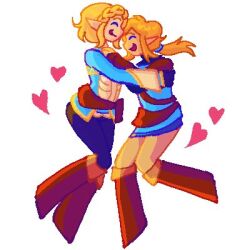Rule 34 | 1boy, 1girl, black pants, blonde hair, blue shirt, boots, braid, brown footwear, brown pants, champion&#039;s tunic (zelda), chibi, commentary, couple, crown braid, english commentary, full body, happy, hears, hug, link, long hair, lowres, nintendo, pants, pointy ears, ponytail, princess zelda, reemble, shirt, short hair, sidelocks, simple background, smile, the legend of zelda, the legend of zelda: tears of the kingdom, white background