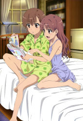 Rule 34 | 2girls, :d, :o, absurdres, alternate hairstyle, animal print, bare shoulders, barefoot, bed, bedroom, book, bookshelf, bottomless, breasts, brown eyes, brown hair, buttons, chemise, collared shirt, curtains, desk, desk lamp, feet, frills, frog print, from side, full body, hair down, hand on another&#039;s hip, highres, holding, holding magazine, indoors, knee up, lamp, long hair, looking down, magazine (object), misaka mikoto, moroishi kouta, multicolored clothes, multiple girls, nyantype, official art, on bed, open book, open mouth, pajamas, parted bangs, pointing, print pajamas, reading, rug, scan, shirai kuroko, shirt, short hair, short sleeves, sitting, sitting on lap, sitting on person, small breasts, smile, thighs, toaru kagaku no railgun, toaru majutsu no index, toes, underwear, underwear only, wariza, wavy hair, window, wooden floor, yuri