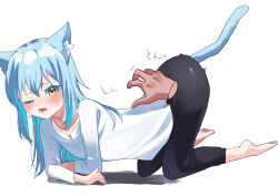 1other absurdres all_fours animal_ear_fluff animal_ears barefoot black_pants blue_hair blush cat_ears cat_girl cat_tail chocoeiru collarbone commentary_request disembodied_hand eyelashes fang hair_between_eyes highres long_hair long_sleeves one_eye_closed open_mouth pants rimuru_tempest shirt simple_background skin_fang solo tail tensei_shitara_slime_datta_ken translation_request trembling white_background white_shirt yellow_eyes