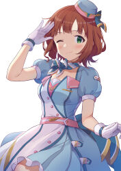 Rule 34 | 1girl, ;), absurdres, amami haruka, blue dress, blush, brown hair, closed mouth, dress, gloves, green eyes, highres, idolmaster, idolmaster million live!, idolmaster million live! theater days, looking at viewer, one eye closed, puffy short sleeves, puffy sleeves, short hair, short sleeves, shuucream (syuichi), smile, solo, two-tone dress, white dress, white gloves