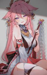 Rule 34 | 1girl, animal ears, artist name, bare shoulders, breasts, commentary request, detached sleeves, earrings, fox ears, genshin impact, hair between eyes, highres, jewelry, large breasts, long hair, looking to the side, open mouth, pink hair, purple eyes, shirt, sleeveless, sleeveless shirt, solo, uo illust, water drop, white shirt, yae miko