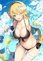 Rule 34 | 1girl, akae neo, arm up, bare shoulders, bikini, black bikini, blonde hair, blue eyes, blue sky, braid, breasts, cleavage, cloud, cloudy sky, collarbone, commentary request, day, fate/grand order, fate (series), floral print, front-tie bikini top, front-tie top, hairband, highres, innertube, jacket, jeanne d&#039;arc (fate), jeanne d&#039;arc (ruler) (fate), jeanne d&#039;arc (swimsuit archer) (fate), jeanne d&#039;arc (swimsuit archer) (first ascension) (fate), long hair, long sleeves, looking at viewer, medium breasts, navel, off shoulder, one eye closed, open mouth, outdoors, side-tie bikini bottom, single braid, sky, solo, swim ring, swimsuit, thigh strap, thighs, water, water drop