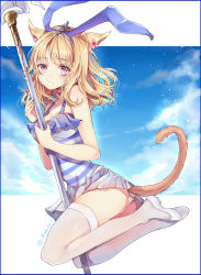 Rule 34 | 1girl, animal ears, ass, between legs, blonde hair, blue sky, blush, breasts, camisole, cloud, cloudy sky, day, artistic error, facial mark, fake animal ears, final fantasy, final fantasy xiv, flats, from side, full body, grey footwear, grey skirt, hairband, highres, holding, holding staff, long hair, looking at viewer, medium breasts, miqo&#039;te, outdoors, panties, parted lips, pleated skirt, purple eyes, rabbit ears, shoes, skirt, sky, smile, solo, staff, striped, striped camisole, tail, takitou, thighhighs, thighs, underwear, whisker markings, white panties, white thighhighs