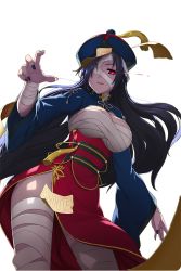 Rule 34 | 1girl, alternate costume, bandage over one eye, black hair, black nails, blue hat, breasts, chinese clothes, cleavage, cowboy shot, from below, groin, hat, highres, jiangshi, large breasts, leg wrap, long hair, looking at viewer, nail polish, ofuda, ofuda on clothes, outstretched hand, pale skin, parted lips, qingdai guanmao, ravian (soccer spirits), red eyes, sarashi, soccer spirits, solo, standing, tassel, transparent background, wide sleeves