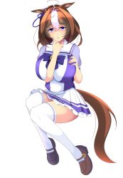 Rule 34 | 1girl, absurdres, ahoge, alternate breast size, animal ears, black footwear, blouse, blue ribbon, bow, breasts, brown hair, full body, hairband, hand up, highres, horse ears, horse girl, horse tail, large breasts, looking at viewer, mary janes, meisho doto (umamusume), multicolored hair, open mouth, pink hairband, purple eyes, purple shirt, ribbon, school uniform, shirt, shoes, short hair, skindentation, skirt, smile, solo, tail, thighhighs, two-tone hair, uechirou, umamusume, white background, white hair, white skirt, white thighhighs