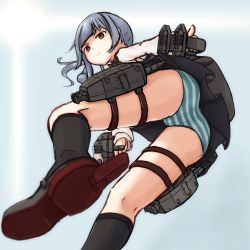 Rule 34 | &gt;:|, 10s, 1girl, :|, brown eyes, closed mouth, from below, grey hair, highres, kantai collection, kasumi (kancolle), kneehighs, panties, parins, socks, solo, striped clothes, striped panties, underwear, v-shaped eyebrows