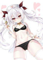Rule 34 | 1girl, azur lane, bandaid, bandaid on arm, bare shoulders, black bra, black panties, bra, cameltoe, choker, closed mouth, collarbone, commentary request, crost, fang, fingernails, gluteal fold, hair between eyes, hair ribbon, hand in panties, hat, heart, heart choker, highres, jewelry, legs apart, long fingernails, long hair, looking at viewer, navel, nurse, nurse cap, open clothes, open vest, panties, red eyes, red ribbon, revision, ribbon, ring, sidelocks, skindentation, slit pupils, smile, solo, stomach, syringe, thighhighs, twintails, underwear, vampire (azur lane), vampire (little devil in white) (azur lane), vest, white hair, white thighhighs, wrist wrap