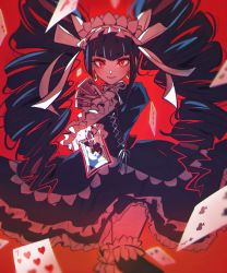 1girl, absurdres, black dress, black hair, card, character request, commentary request, danganronpa (series), dress, drill hair, drill locks, earrings, eyelashes, grgrton, hair ornament, happy, highres, jewelry, joker (card), long hair, looking at viewer, playing card, red background, red eyes, ribbon, simple background, smile, solo, standing, thighhighs, thighs, twintails, very long hair, white ribbon
