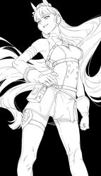 Rule 34 | 1girl, animal ears, arm at side, armband, bow, bowtie, breasts, buttons, double-breasted, feet out of frame, floating hair, gloves, gold ship (umamusume), greyscale, hand on own hip, harness, horse ears, horse girl, horse tail, kotneciii, long hair, medium breasts, monochrome, pillbox hat, pouch, sleeveless, sleeveless jacket, smile, solo, standing, tail, thigh strap, umamusume