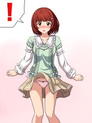 Rule 34 | !, 1girl, :o, blush, bow, bow panties, brown skirt, clothes lift, collarbone, commentary request, commission, crotch seam, frilled sleeves, frills, frown, green sweater, hair ornament, hairclip, highres, idolmaster, idolmaster million live!, idolmaster million live! theater days, legs, lielos, long sleeves, looking at viewer, nonohara akane, official alternate costume, official alternate hairstyle, open mouth, panties, pantyshot, partial commentary, pink background, pink panties, pixiv commission, pleated skirt, private dress (idolmaster million live!), red eyes, red hair, shirt, short hair, skirt, skirt lift, solo, spoken exclamation mark, standing, sweater, thighs, underwear, white shirt, wind, wind lift