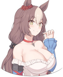 Rule 34 | 1girl, animal ears, bare shoulders, blue sleeves, blush, breasts, choker, cleavage, closed mouth, collarbone, cross, cross choker, dress, hair between eyes, horse ears, horse girl, large breasts, long hair, looking at viewer, low twintails, multicolored hair, off-shoulder dress, off shoulder, red choker, shiseki hirame, simple background, smile, solo, streaked hair, twintails, umamusume, upper body, white background, white hair, yamanin zephyr (umamusume), yellow eyes