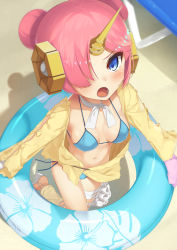 Rule 34 | 1girl, blue eyes, blush, breasts, cleavage, collarbone, covered erect nipples, double bun, fate/apocrypha, fate/grand order, fate (series), frankenstein&#039;s monster (fate), frankenstein&#039;s monster (swimsuit saber) (fate), frankenstein&#039;s monster (swimsuit saber) (first ascension) (fate), hair bun, hair over one eye, haru to neru (act partner), high heels, highres, horns, innertube, kneehighs, looking at viewer, medium breasts, navel, open mouth, pink hair, short hair, single horn, socks, solo, swim ring