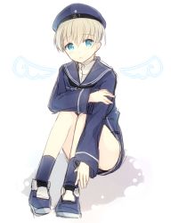 Rule 34 | 10s, 1girl, blonde hair, blue eyes, clothes writing, full body, hat, hiiragi souren, kantai collection, looking at viewer, short hair, simple background, sitting, solo, white background, z1 leberecht maass (kancolle)