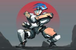 Rule 34 | blue eyes, clenched hand, fighting stance, floating hair, glowing, glowing eye, highres, ksenolog, mecha, no humans, original, ponytail, robot, solo, squatting