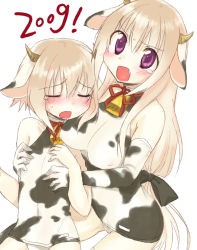 Rule 34 | 00s, 2009, 2girls, animal ears, animal print, bell, blush, breast envy, grabbing another&#039;s breast, breasts, child, cow ears, cow girl, cow print, cowbell, elbow gloves, fang, flat chest, flat chest grab, gloves, grabbing, halterneck, horns, long hair, medium breasts, miyoshino, multiple girls, new year, one-piece swimsuit, original, pink hair, purple eyes, school swimsuit, short hair, small breasts, swimsuit, tears