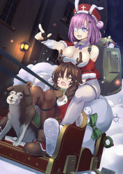 Rule 34 | 2girls, alternate costume, ash arms, bag, blush stickers, breasts, brown hair, cleavage, commentary request, dog, dog sled, eyepatch, fingerless gloves, gloves, hat, highres, kerureru, large breasts, medium hair, multiple girls, open mouth, pantyhose, panzer iii (ash arms), purple hair, santa hat, snowing, tears