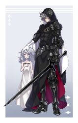 Rule 34 | 1boy, 1girl, abs, ahoge, armor, bare shoulders, belt, bite addict, black armor, black cape, black footwear, brown hair, cape, child, closed mouth, collarbone, covered abs, crying, dress, facial hair, fantasy, gauntlets, gloves, gradient background, greaves, grey hair, growth, hair between eyes, hair over one eye, hand on another&#039;s head, height difference, highres, holding, holding sword, holding weapon, hood, hood up, hooded cape, knife, looking at viewer, medium hair, muscular, original, pauldrons, pink eyes, purple eyes, shoulder armor, single gauntlet, single glove, single pauldron, standing, sword, throwing knife, turtleneck, vambraces, weapon, white dress, white gloves