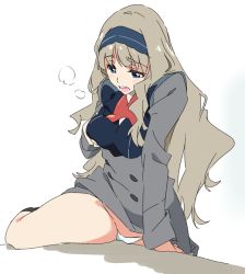 Rule 34 | 10s, 1girl, blonde hair, blue eyes, cameltoe, crotch rub, darling in the franxx, female masturbation, grabbing own breast, hairband, kokoro (darling in the franxx), long hair, masturbation, masturbation through clothes, open mouth, panties, simple background, solo, table, table humping, umanosuke, underwear, uniform, white background