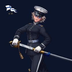 Rule 34 | 1girl, absurdres, belt, black hat, black jacket, black pants, blonde hair, blue background, blue eyes, breasts, buttons, commentary, dated, elf, english commentary, finland, finnish army, finnish clothes, finnish commentary, finnish flag, gloves, hat, highres, holding, holding sword, holding weapon, jacket, legs apart, long sleeves, looking at viewer, medium breasts, military, military rank insignia, military uniform, mixed-language commentary, original, ostwindprojekt, pants, peaked cap, pointy ears, roundel, saber (weapon), scabbard, sheath, short hair, shoulder boards, simple background, smile, solo, standing, sword, two-tone headwear, uniform, unsheathing, upper body, weapon, white gloves, white hat, white trim