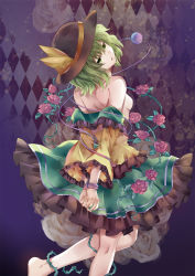 Rule 34 | 1girl, bad id, bad pixiv id, bdsm, bondage, bound, bound wrists, bow, breasts, eyeball, flower, frilled skirt, frilled sleeves, frills, from behind, green eyes, green hair, hat, hat bow, head tilt, highres, komeiji koishi, long sleeves, looking at viewer, looking back, matching hair/eyes, moca (pico1987), parted lips, pico (picollector79), plant, rose, shirt down, shoulder blades, skirt, small breasts, solo, third eye, topless, touhou, vines