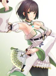 Rule 34 | 1girl, agnus female off-seer uniform, armpits, black pantyhose, breasts, brown hair, chest jewel, cleavage, closed mouth, detached collar, detached sleeves, dress, folding fan, gradient background, green background, green eyes, hand fan, highres, holding, holding fan, looking at viewer, medium breasts, miyabi (xenoblade), pantyhose, short hair, skirt, solo, strapless, strapless dress, to (tototo tk), white background, white dress, white skirt, wide sleeves, xenoblade chronicles (series), xenoblade chronicles 3