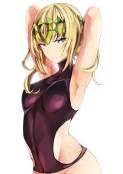 Rule 34 | 1girl, absurdres, armpits, arms behind head, arms up, bad id, bad pixiv id, bare shoulders, black shirt, blonde hair, blue eyes, breasts, closed mouth, covered navel, diadem, fate/grand order, fate (series), highres, looking at viewer, medium breasts, medium hair, pollux (fate), sh22, shirt, simple background, skin tight, sleeveless, sleeveless shirt, solo, white background
