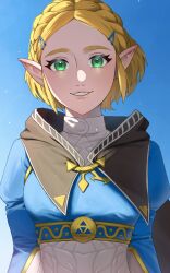 Rule 34 | 1girl, black cape, blonde hair, blue shirt, blue sky, cape, green eyes, highres, jimaku 726, looking at viewer, nintendo, parted lips, pointy ears, princess zelda, shirt, short hair, sky, smile, solo, the legend of zelda, the legend of zelda: tears of the kingdom, upper body