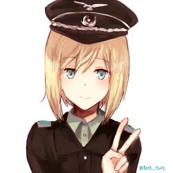 Rule 34 | 1girl, blonde hair, blue eyes, erica hartmann, grey shirt, hair between eyes, hat, looking at viewer, military, military hat, military uniform, retto, shirt, signature, simple background, smile, solo, strike witches, twitter username, uniform, v, white background, world witches series