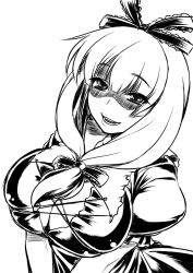 Rule 34 | 1girl, bow, breasts, cleavage, dress, front ponytail, greyscale, hair bow, kagiyama hina, large breasts, long hair, looking at viewer, monochrome, namidame, parted lips, shaded face, smile, solo, touhou, upper body, v arms