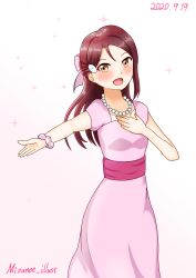 Rule 34 | 1girl, absurdres, artist name, artist request, blush, bow, breasts, brown hair, collarbone, dress, female focus, hair bow, hair ornament, hairclip, hand on chest, highres, jewelry, long hair, looking at viewer, love live!, love live! school idol festival, love live! sunshine!!, mizunoe illust, necklace, outstretched arm, parted lips, pearl necklace, pink bow, pink dress, pink scrunchie, pink skirt, polka dot, polka dot scrunchie, puffy short sleeves, puffy sleeves, red hair, sakurauchi riko, scrunchie, short sleeves, skirt, small breasts, smile, solo, sparkle, white background, white bow, wrist scrunchie, yellow eyes