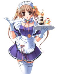 Rule 34 | 1990s (style), 1girl, apron, bow, brown eyes, brown hair, choker, fumio (ura fmo), gloves, hair ornament, hair ribbon, highres, kunugi ayano, maid, maid apron, open mouth, parfait, pia carrot (series), pia carrot e youkoso!!, retro artstyle, ribbon, simple background, solo, thighhighs, tray, twintails, waitress, white background, white gloves, white thighhighs, zettai ryouiki