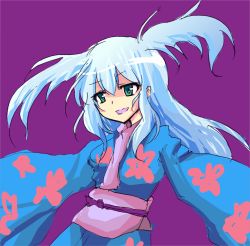 Rule 34 | 1girl, blue hair, female focus, green eyes, highres, japanese clothes, kimono, sashiromiya sasha, simple background, solo, touhou, yukata