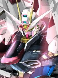 Rule 34 | glowing, glowing eyes, gundam, gundam seed, gundam seed freedom, light particles, looking at viewer, mecha, mechaklear, mighty strike freedom gundam, mobile suit, no humans, robot, science fiction, solo, unfinished, v-fin, weapon, yellow eyes