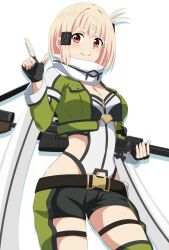 Rule 34 | 1girl, alternate costume, anti-materiel rifle, belt, black belt, black gloves, black shorts, blonde hair, bob cut, bolt action, breasts, closed mouth, cosplay, dars (recolors), fingerless gloves, gloves, green jacket, gun, hair ornament, hairclip, highres, holding, holding gun, holding weapon, jacket, large breasts, leotard, leotard under clothes, long sleeves, looking at viewer, lycoris recoil, nishikigi chisato, pgm hecate ii, pocket, red eyes, rifle, scarf, short hair, short shorts, shorts, simple background, sinon, sinon (cosplay), smile, sniper rifle, solo, sword art online, weapon, white background, white scarf