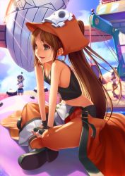 Rule 34 | 3girls, akisa yositake, arc system works, bare shoulders, black eyes, breasts, brown hair, character request, fingerless gloves, gloves, guilty gear, guilty gear xrd, hat, indian style, long hair, may (guilty gear), midriff, multiple girls, no bra, orange hat, pirate hat, ponytail, sideboob, sitting, small breasts, smile
