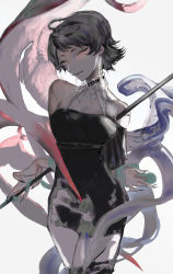 Rule 34 | 1girl, adapted costume, asymmetrical wings, bare shoulders, black dress, black hair, closed eyes, closed mouth, cowboy shot, dress, grey background, highres, houjuu nue, light smile, short hair, simple background, solo, tentacles, touhou, ue toono (atano), white background, wings