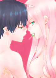 Rule 34 | 10s, 1boy, 1girl, black hair, blue eyes, blush, breasts, candy, commentary request, couple, darling in the franxx, face-to-face, facing another, food, forehead-to-forehead, fringe trim, green eyes, hair ornament, hair over breasts, hairband, heads together, hetero, highres, hiro (darling in the franxx), horns, in mouth, large breasts, lollipop, long hair, looking at another, oni horns, pink hair, red horns, topless male, short hair, straight hair, usagizado, white hairband, zero two (darling in the franxx)