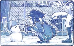 Rule 34 | !, 1girl, blue theme, bow, fence, hair bow, long sleeves, mikakunin de shinkoukei, mitsumine mashiro, monochrome, pleated skirt, sakino shingetsu, skirt, snow, snowman, squatting
