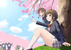 Rule 34 | 5girls, absurdres, ankle socks, black footwear, black jacket, blazer, blue sky, bow, bowtie, braid, breasts, brown hair, cloud, collared shirt, dress shirt, faceless, faceless female, grey skirt, hair bow, hair ribbon, hand rest, highres, jacket, knees up, lens flare, medium breasts, medium hair, miniskirt, multiple girls, original, outstretched arm, plaid, plaid skirt, purple eyes, red bow, red bowtie, ribbon, shirt, sitting, skirt, sky, socks, sun halo, tree, twin braids, twintails, unfinished, white shirt, white skirt, white socks, yellow bow, yellow eyes, yellow ribbon, yutuki ame