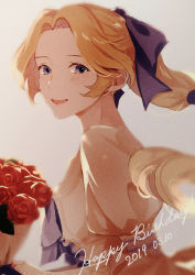 Rule 34 | 1girl, :d, blonde hair, blush, bouquet, bow, celes chere, dated, dress, final fantasy, final fantasy vi, flower, hair bow, happy birthday, highres, long hair, looking at viewer, open mouth, ponytail, purple bow, purple eyes, red flower, red rose, rose, smile, solo, white dress, yawai tofu