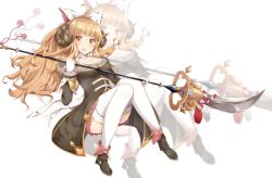 Rule 34 | 10s, 1girl, :d, ahoge, anila (granblue fantasy), black footwear, blonde hair, blunt bangs, boots, bow, breasts, cleavage, draph, eyebrows, female focus, full body, gloves, granblue fantasy, hair bow, holding, holding weapon, horns, large breasts, long coat, long hair, long sleeves, naginata, open mouth, orange eyes, polearm, runruun, sheep horns, shoes, simple background, skirt, smile, solo, thick eyebrows, thighhighs, wavy hair, weapon, white background, white bow, white gloves, white thighhighs, yellow eyes, zettai ryouiki, zoom layer