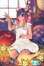 Rule 34 | 10s, 1girl, barefoot, bedroom, blonde hair, blue hair, boku no hero academia, bottle, brown eyes, character name, cup, expressionless, frilled pillow, frills, gradient hair, hand up, heart, horns, image sample, indoors, long hair, looking away, mirror, multicolored hair, nail polish, nail polish bottle, nightgown, on floor, onion pickles, painting nails, perfume bottle, pillow, pink hair, pink nails, purple hair, sitting, sleeveless, small stellated dodecahedron, solo, sparkle, table, tea, teacup, tsunotori pony, twitter sample, vanity table, wariza, window