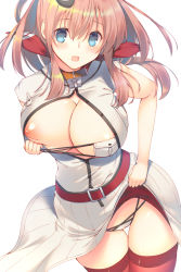 Rule 34 | 10s, 1girl, :d, belt, blue eyes, breast pocket, breasts, brown hair, buttons, dress, hair between eyes, heart, heart-shaped pupils, kantai collection, large breasts, long hair, mutsuno hekisa, neckerchief, nipples, open clothes, open dress, open mouth, panties, pocket, ponytail, red neckerchief, red thighhighs, saratoga (kancolle), simple background, smile, solo, symbol-shaped pupils, thighhighs, underwear, white background, white dress, white panties